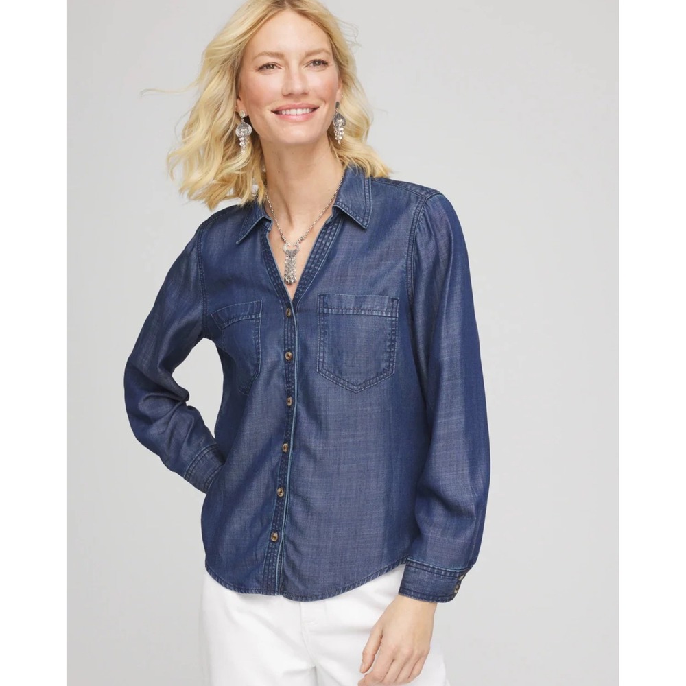 Chicos Chambray Button Up Tunic Long Roll Tab‎ Sleeves XL 16/18 Casual Normcore